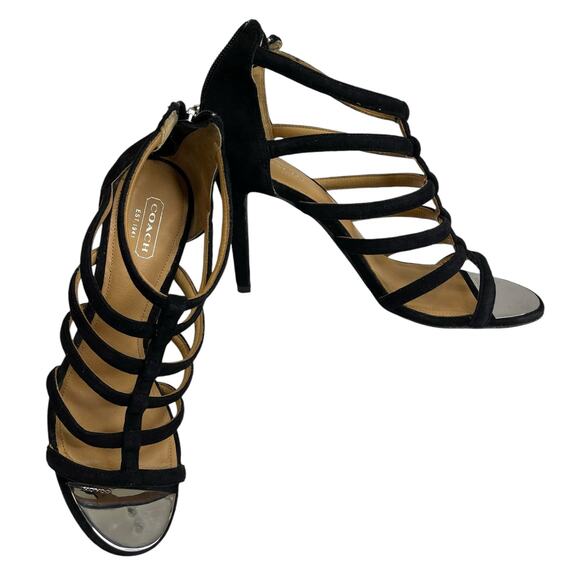 Coach Lavania Kid Suede High Heeled Sandals Black Zip Back Size 8 B - Picture 1 of 10